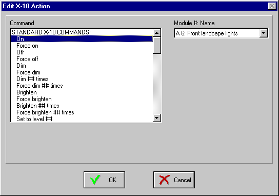 Edit X-10 Actions Screen